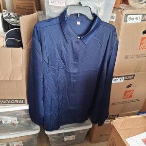 Women Satin Long Sleeve Shirt Navy Blue Size 3XL